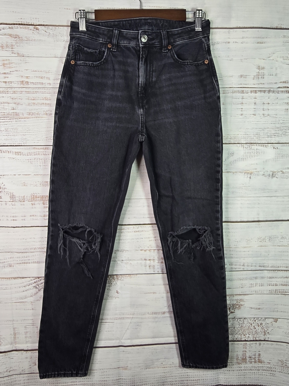 American Eagle Women’s Size 2 Black Distressed Ripped MOM Jeans